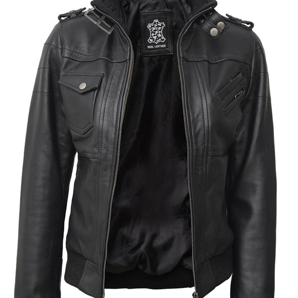 Genuine Leather Black Moto Jacket w/ Hood • New • Real Leather - Picture 3 of 13